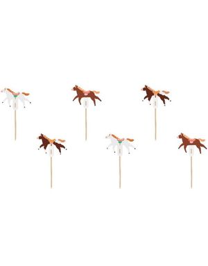 6 stk Kaketopper med Hester 13 cm - Flowers & Horses Party