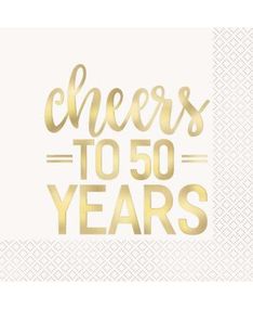 16 stk Servietter med Gullfarget Cheers to 50 Years Tekst 33x33 cm