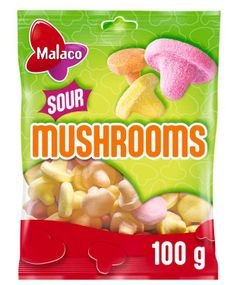 Pose med Malaco Sour Mushrooms - Forskjellige Sure Skumbiter 100 gram