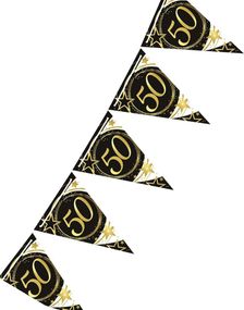 3 Meter Langt Svart og Hvitt Flaggbanner med Gullskrift - 50 ÅR 