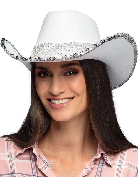 Hvit Cowboyhatt med Sølv Paljetter