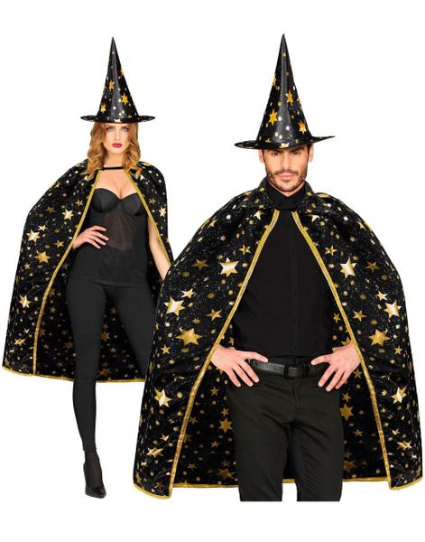 Unisex Svart Trollmannkappe og Hatt med Gullstjerner 85 cm