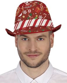 Rød Fedorahatt med Julemotiver