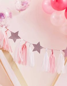 Banner med Dusker og Stjerner i Rosa og Hvit 2 meter - Pamper Party