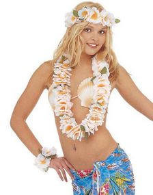Hvit/Gult Deluxe Hawaii Krans Sett - 3 Deler