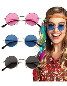 3 stk Runde Hippie Kostymebriller - Blå, Svart og Rosa