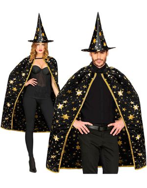 Unisex Svart Trollmannkappe og Hatt med Gullstjerner 85 cm