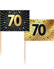 50 Stk 70 år Mat/Kakeflagg 6,5 cm - Svart og Gull