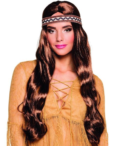 Brun Hippie/Indianer Parykk med Hodebånd