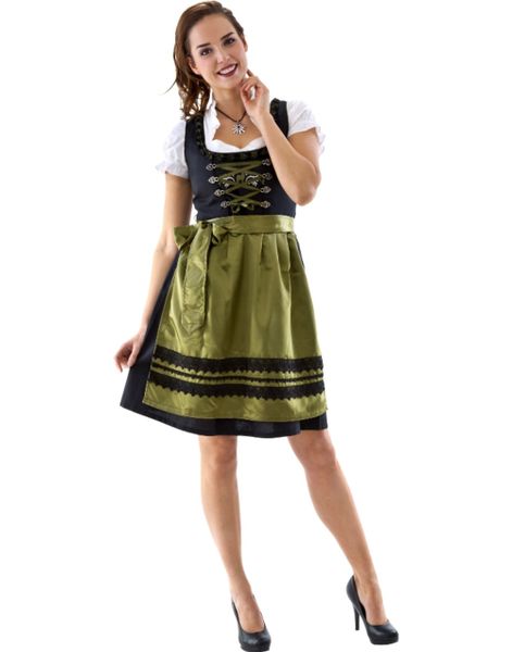  Deluxe Svart og Olivengrønn Oktoberfestkjole med Forkle