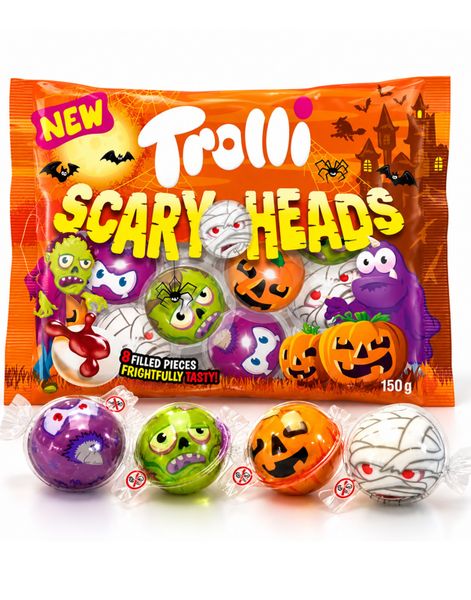 Trolli Scary Heads - Skumkuler med Fyll og Forskjellige Halloweenmotiver 150 gram