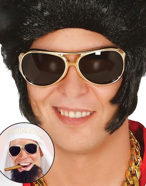 Gullfargede Elvis/Sjeik Kostymebriller med Svarte Glass