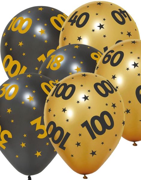 6 stk Jubileumsfeiring Ballonger 30 cm - Svart og Gull