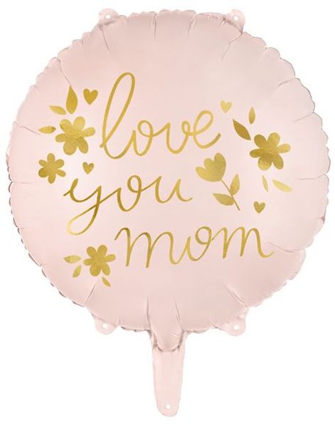 Love You Mom - Rund Askerosa Folieballong med Gullskrift 35 cm