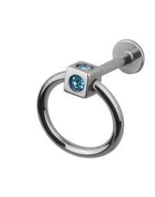 Labret m/Firkantet Kule & Blå Stener - Strl 1.2 x 8 mm med 3 mm kule