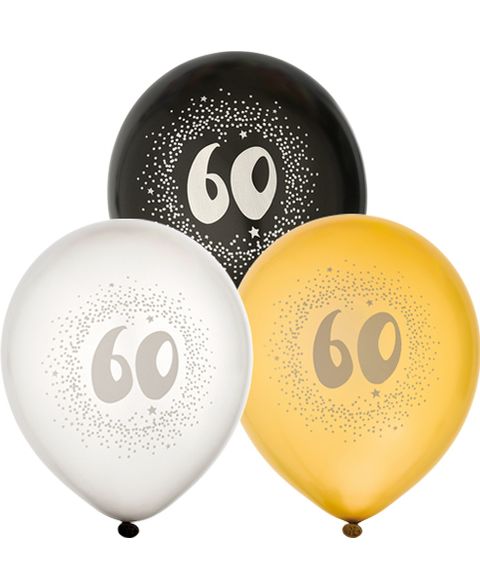 60 år - 6 stk Svarte, Sølv- og Gullfarget Ballonger 30 cm