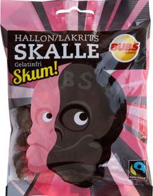 Pose med Skalle i Skum med Bringebær og Lakrissmak 90 gram