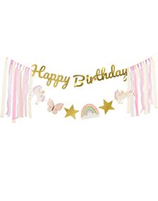 Pastell og Gullfarget Enhjørning Banner 230 cm - Happy Birthday