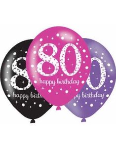 80-Års Dagen - 6 stk Svart, Rosa og Lilla Ballonger 27,5 cm
