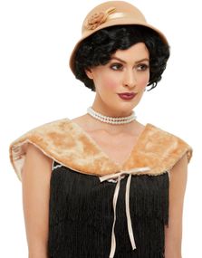 Beige Flapper Kostymesett med Hatt og Pelskrage