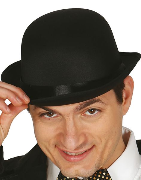 Svart Lux Bowlerhatt i Satin Pyntet med Bånd