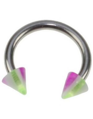 Rund Øyenbrynspiercing med Lilla, Hvite og Grønne Spike Kuler - 1.2 x 8 mm