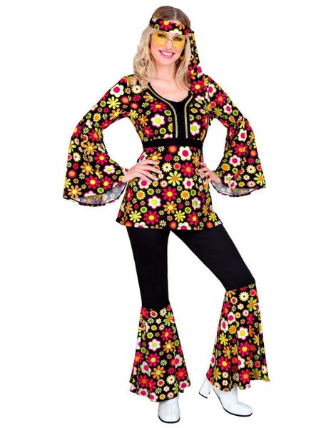 60's Svart Hippiekostyme med Fargerike Blomster til Dame