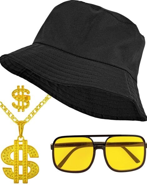 90s Hip Hop Bøttehatt, Smykke, Ring og Briller Sett