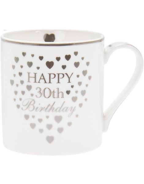 Happy 30th Birthday - Porselenskrus med Sølvfarget Tekst og Hjerter